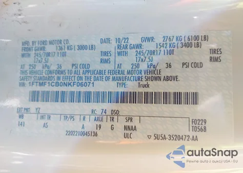 2022 Ford F-150 Xl из США, поврежденный, VIN 1FTMF1CB0NKF06071